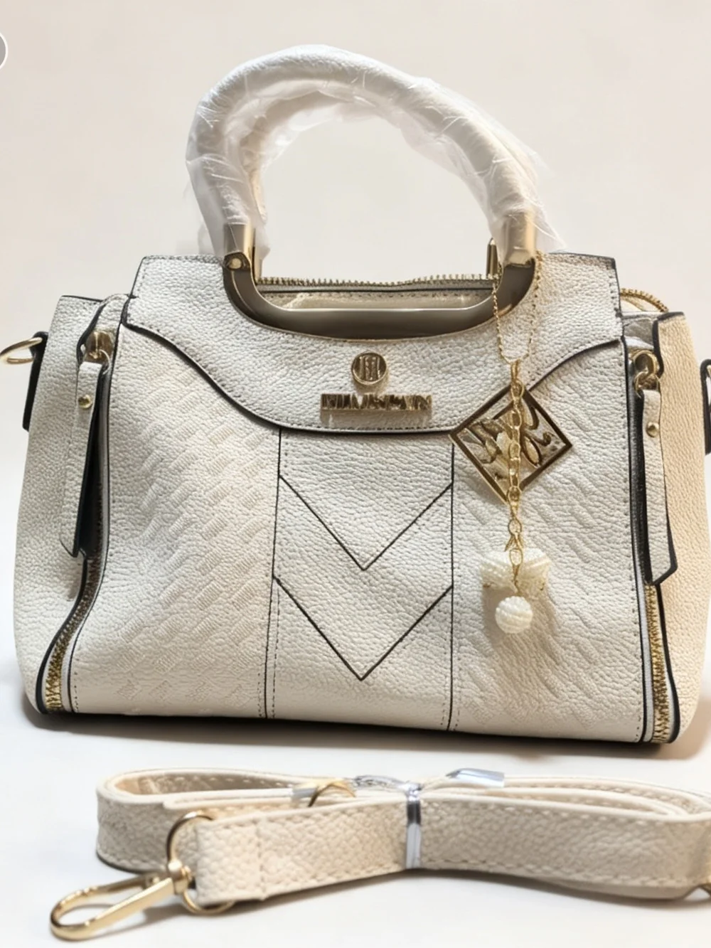Cream Structured Satchel with Removable Strap